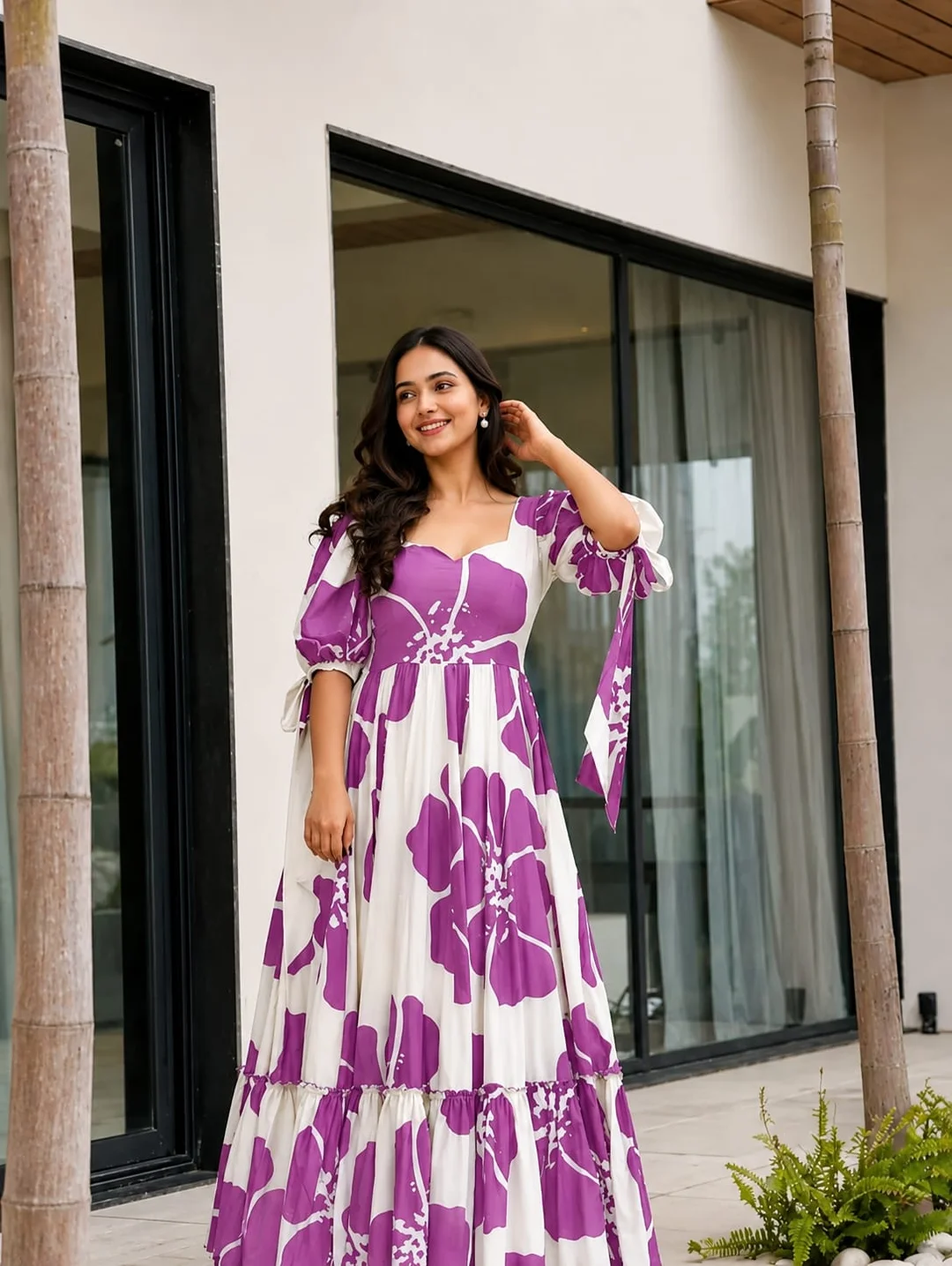 Women Mustard Floral Printed Tiered Maxi Dress with Puff Sleeves and Flared Anarkali Gown Style Casual Summer Long Dress Pink XXL image 1