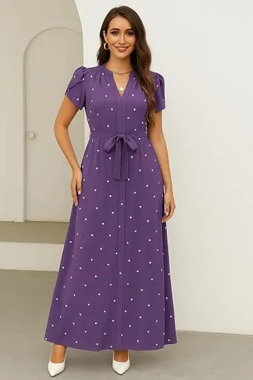 Elegant V-Neck Heart Print Maxi Dress with Flutter Sleeves and Tie-Waist Belt in Deep Lavender Deep Lavender L thumbnail 0