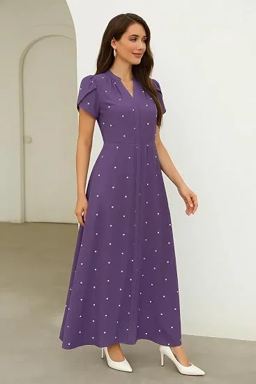 Elegant V-Neck Heart Print Maxi Dress with Flutter Sleeves and Tie-Waist Belt in Deep Lavender Deep Lavender XXL image 2