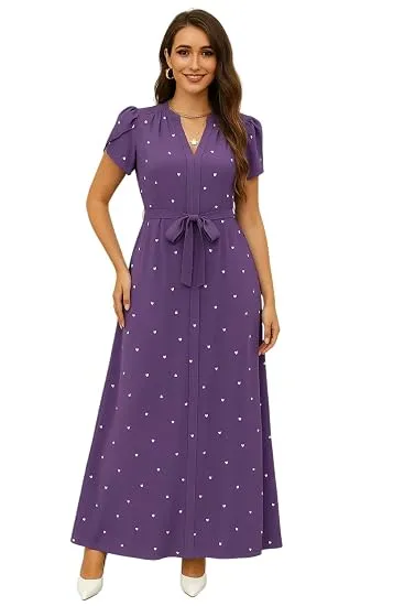 Elegant V-Neck Heart Print Maxi Dress with Flutter Sleeves and Tie-Waist Belt in Deep Lavender Deep Lavender XXL thumbnail 2