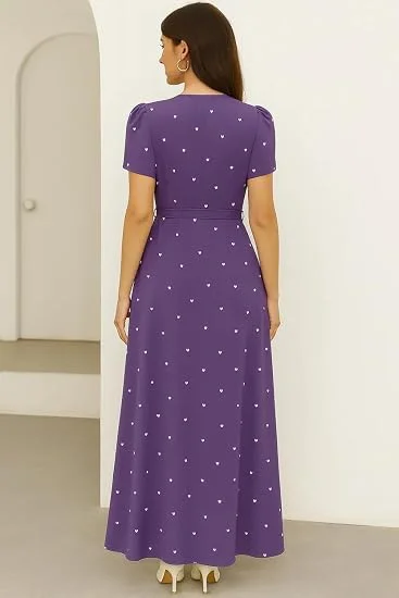 Elegant V-Neck Heart Print Maxi Dress with Flutter Sleeves and Tie-Waist Belt in Deep Lavender Deep Lavender XXL image 4