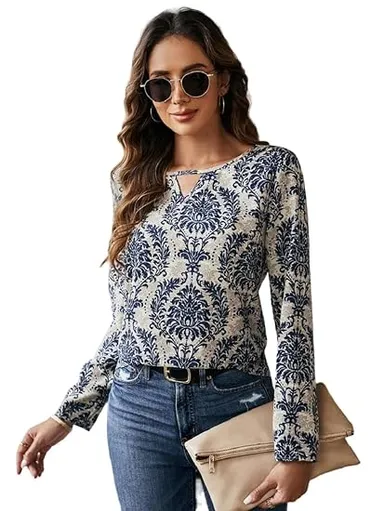 Women's Elegant Damask Print Long Sleeve Top with V-Cutout Keyhole Neckline Casual Regular Fit Blouse Navy & Cream Navy & Cream M thumbnail 0