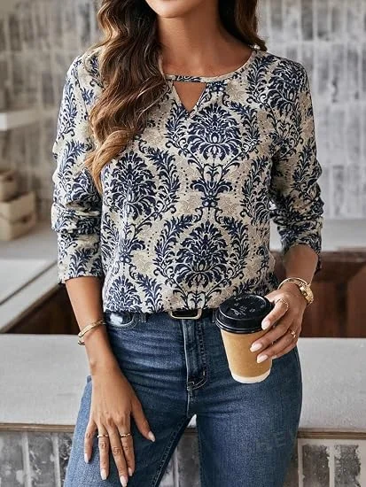 Women's Elegant Damask Print Long Sleeve Top with V-Cutout Keyhole Neckline Casual Regular Fit Blouse Navy & Cream Navy & Cream XL image 3