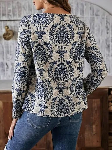 Women's Elegant Damask Print Long Sleeve Top with V-Cutout Keyhole Neckline Casual Regular Fit Blouse Navy & Cream Navy & Cream XL thumbnail 1