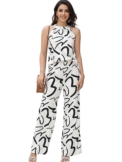 Women's Casual Western Rayon Co-Ord Set Featuring Abstract Sketch Graphic Print Sleeveless Halter Neck Top & High Waist Wide Leg Trousers Black - white L image 5