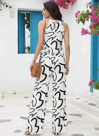 Women's Casual Western Rayon Co-Ord Set Featuring Abstract Sketch Graphic Print Sleeveless Halter Neck Top & High Waist Wide Leg Trousers Black - white L thumbnail 3