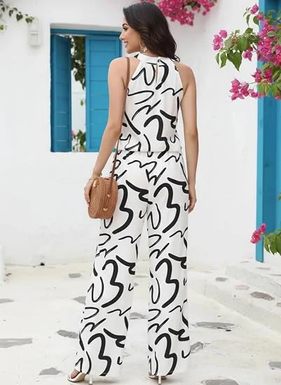 Women's Casual Western Rayon Co-Ord Set Featuring Abstract Sketch Graphic Print Sleeveless Halter Neck Top & High Waist Wide Leg Trousers Black - white XL image 4