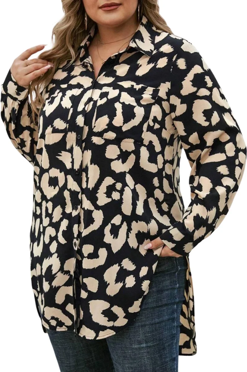 Women's Casual Animal Printed Rayon Shirt |Long Sleeve Button-Up Top with Curved High-Low Hem and Side Slits nimal Printed Rayon Shirt S image 4
