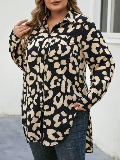 Women's Casual Animal Printed Rayon Shirt |Long Sleeve Button-Up Top with Curved High-Low Hem and Side Slits nimal Printed Rayon Shirt M thumbnail 0
