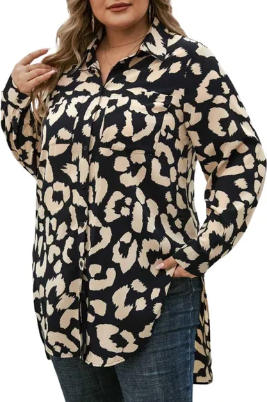 Women's Casual Animal Printed Rayon Shirt |Long Sleeve Button-Up Top with Curved High-Low Hem and Side Slits nimal Printed Rayon Shirt L thumbnail 3