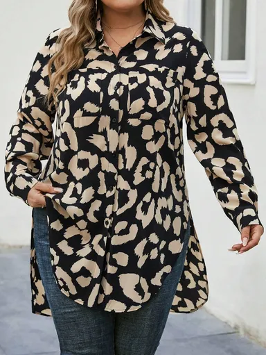 Women's Casual Animal Printed Rayon Shirt |Long Sleeve Button-Up Top with Curved High-Low Hem and Side Slits nimal Printed Rayon Shirt XL thumbnail 2