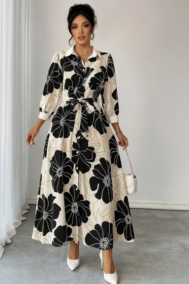 Elegant Monochrome Floral Print Maxi Shirt Dress for Women with Contrast White Collar, Long Sleeves, Button-Down Front, Waist Tie Belt, Casual Party Office Wear Black & White Floral Print L thumbnail 0