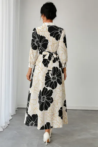 Elegant Monochrome Floral Print Maxi Shirt Dress for Women with Contrast White Collar, Long Sleeves, Button-Down Front, Waist Tie Belt, Casual Party Office Wear Black & White Floral Print XL thumbnail 1