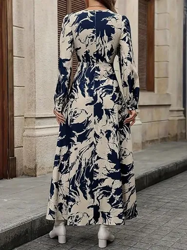 Women's Navy Blue & Beige Floral Print Wrap Style Maxi Dress with Long Sleeves, V-Neck, Flared A-Line Casual Party Wear Dress Navy Blue & Beige L thumbnail 2
