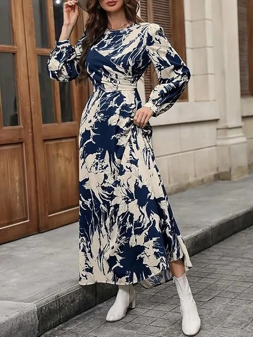 Women's Navy Blue & Beige Floral Print Wrap Style Maxi Dress with Long Sleeves, V-Neck, Flared A-Line Casual Party Wear Dress Navy Blue & Beige L image 4
