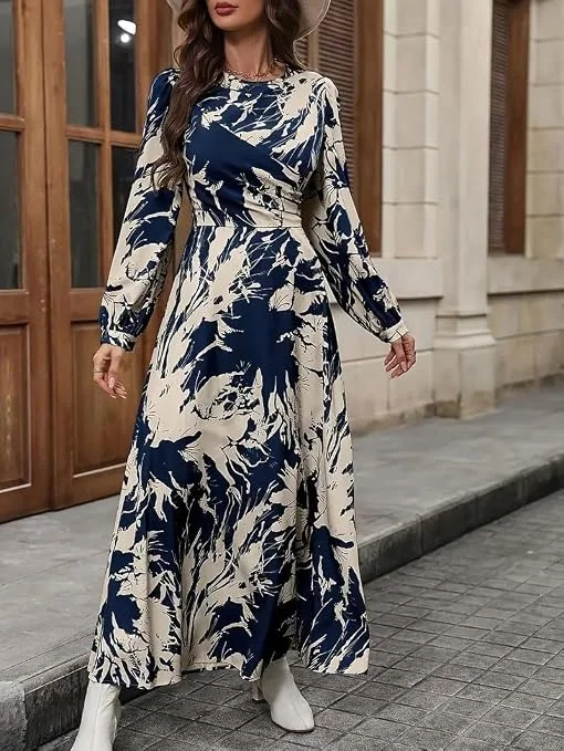 Women's Navy Blue & Beige Floral Print Wrap Style Maxi Dress with Long Sleeves, V-Neck, Flared A-Line Casual Party Wear Dress Navy Blue & Beige XL image 5
