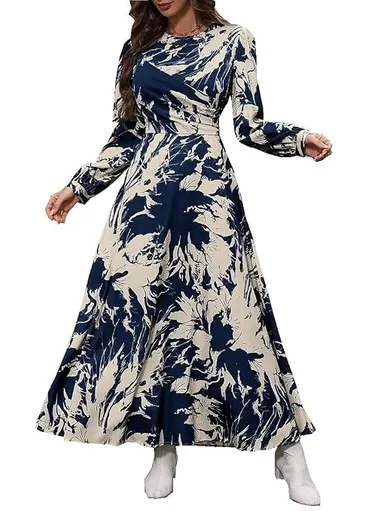 Women's Navy Blue & Beige Floral Print Wrap Style Maxi Dress with Long Sleeves, V-Neck, Flared A-Line Casual Party Wear Dress Navy Blue & Beige XXL thumbnail 0