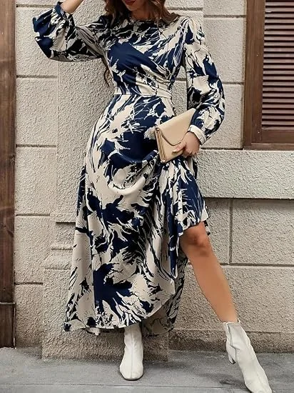 Women's Navy Blue & Beige Floral Print Wrap Style Maxi Dress with Long Sleeves, V-Neck, Flared A-Line Casual Party Wear Dress Navy Blue & Beige XXL image 2