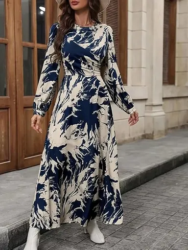 Women's Navy Blue & Beige Floral Print Wrap Style Maxi Dress with Long Sleeves, V-Neck, Flared A-Line Casual Party Wear Dress Navy Blue & Beige XXL thumbnail 3