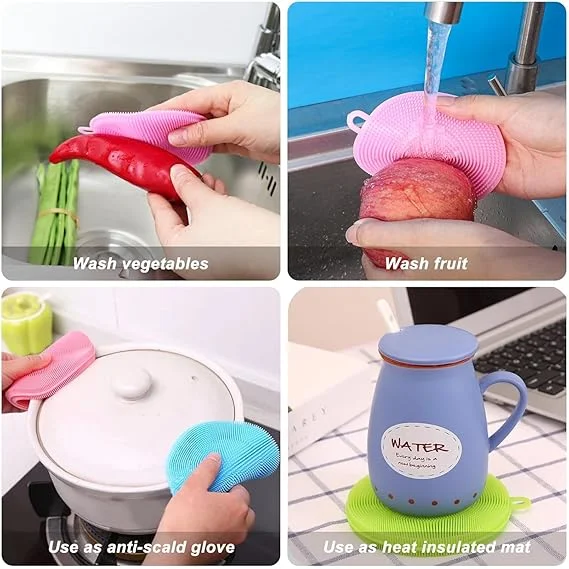 Silicone Dish Scrubber Sponge Pack of 4 Multicolor Non Stick Heat Resistant Flexible Cleaning Pad for Pots Pans Bowls Fruits Vegetables Sink Washing image 4