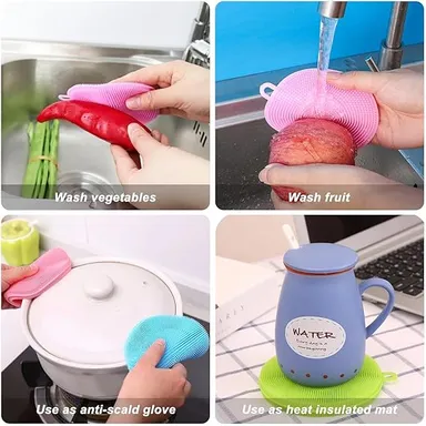 Silicone Dish Scrubber Sponge Pack of 4 Multicolor Non Stick Heat Resistant Flexible Cleaning Pad for Pots Pans Bowls Fruits Vegetables Sink Washing thumbnail 3