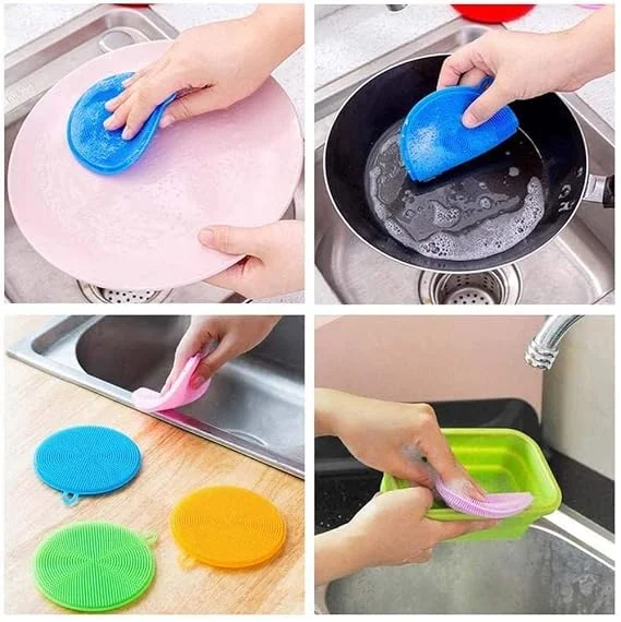 Silicone Dish Scrubber Sponge Pack of 4 Multicolor Non Stick Heat Resistant Flexible Cleaning Pad for Pots Pans Bowls Fruits Vegetables Sink Washing image 2