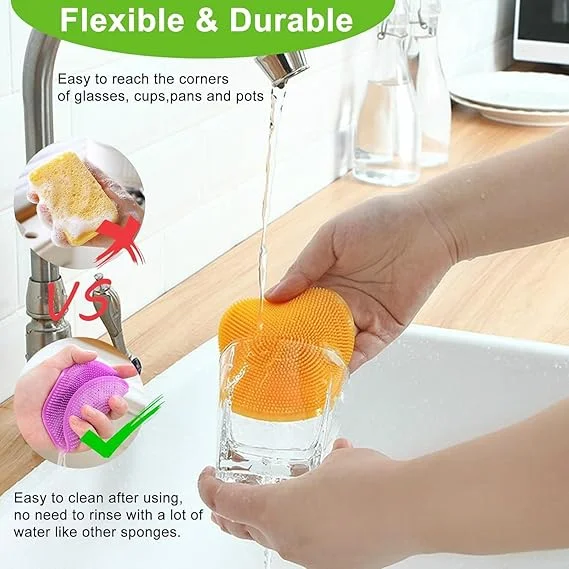 Silicone Dish Scrubber Sponge Pack of 4 Multicolor Non Stick Heat Resistant Flexible Cleaning Pad for Pots Pans Bowls Fruits Vegetables Sink Washing image 5