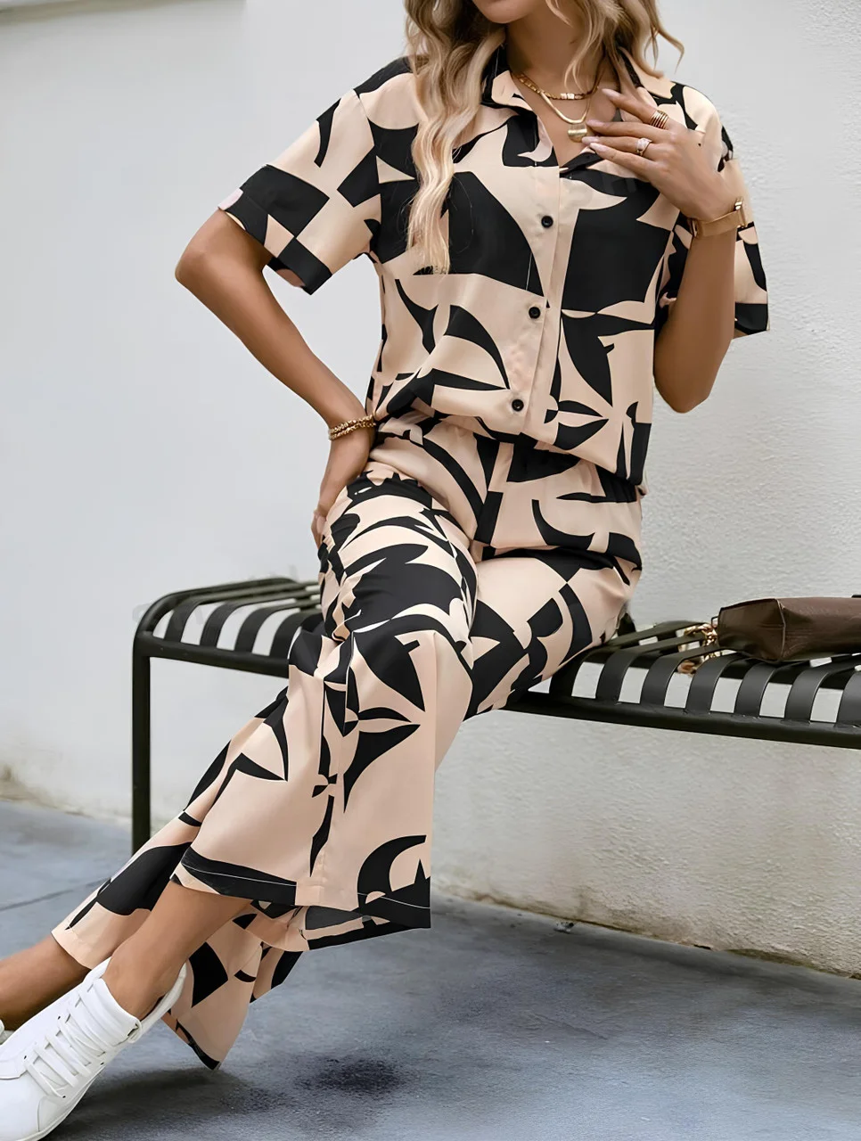 Women Western Rayon Abstract Graphic Print Button Front Collared Shirt with Wide Leg Trousers Co-Ord Set BEIGE   S image 3