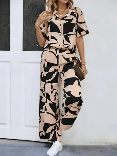Women Western Rayon Abstract Graphic Print Button Front Collared Shirt with Wide Leg Trousers Co-Ord Set BEIGE   S thumbnail 0
