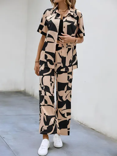 Women Western Rayon Abstract Graphic Print Button Front Collared Shirt with Wide Leg Trousers Co-Ord Set BEIGE   XXL thumbnail 4