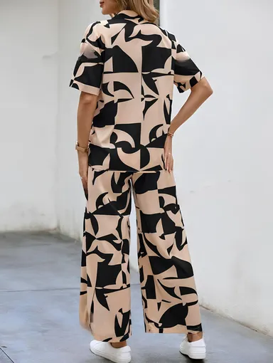 Women Western Rayon Abstract Graphic Print Button Front Collared Shirt with Wide Leg Trousers Co-Ord Set BEIGE   XXL thumbnail 1