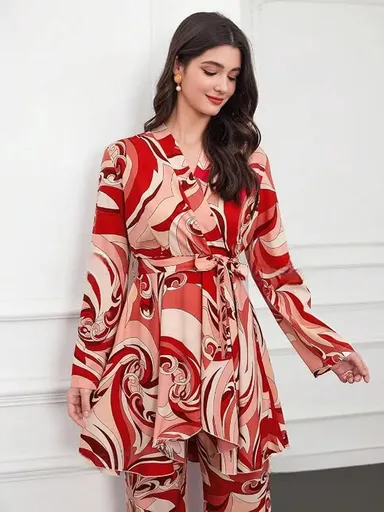 Red Abstract Printed Wrap Top with Matching Straight Pants Co-Ord Set for Women Casual Western Rayon Outfit Red S thumbnail 2