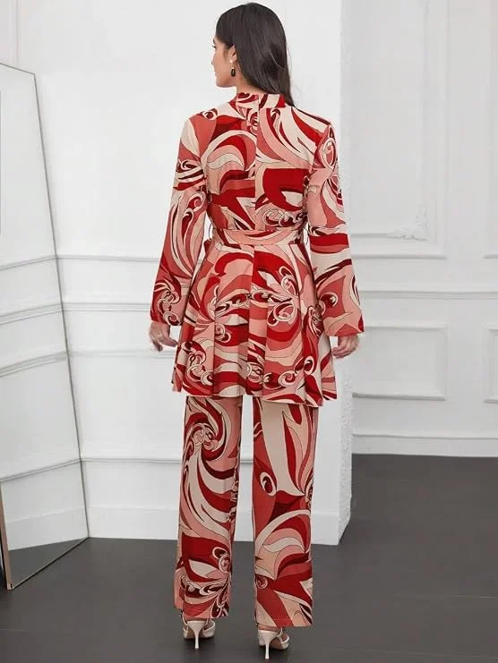 Red Abstract Printed Wrap Top with Matching Straight Pants Co-Ord Set for Women Casual Western Rayon Outfit Red S image 5