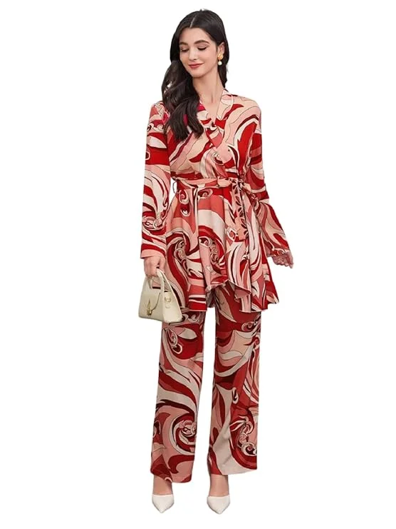 Red Abstract Printed Wrap Top with Matching Straight Pants Co-Ord Set for Women Casual Western Rayon Outfit Red M image 4