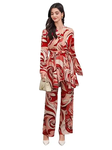 Red Abstract Printed Wrap Top with Matching Straight Pants Co-Ord Set for Women Casual Western Rayon Outfit Red M thumbnail 3