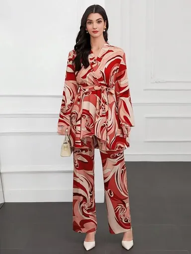 Red Abstract Printed Wrap Top with Matching Straight Pants Co-Ord Set for Women Casual Western Rayon Outfit Red L thumbnail 0