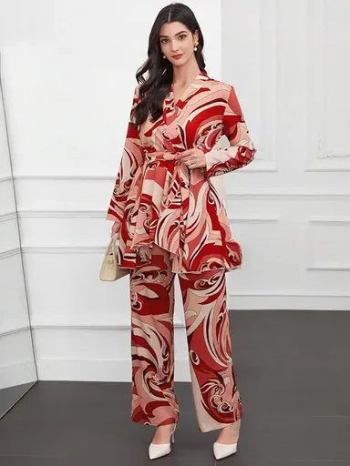 Red Abstract Printed Wrap Top with Matching Straight Pants Co-Ord Set for Women Casual Western Rayon Outfit Red XL thumbnail 1