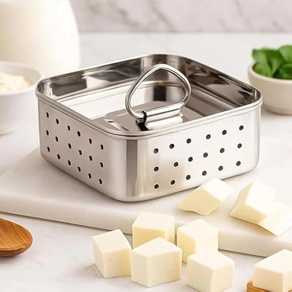 Stainless Steel Paneer Maker & Cheese Mold with Lid 350 ml, Food Grade Tofu Press, Homemade Paneer & Cheese Maker, Kitchen Cheese Press Mold 10.4 × 10.4 × 4.2 cm, Reusable Dairy Making Tool for Homemade Paneer, Tofu, Cottage Cheese image 5