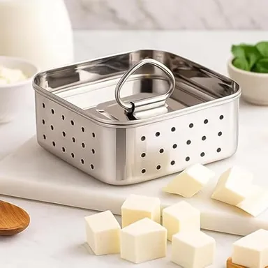 Stainless Steel Paneer Maker & Cheese Mold with Lid 350 ml, Food Grade Tofu Press, Homemade Paneer & Cheese Maker, Kitchen Cheese Press Mold 10.4 × 10.4 × 4.2 cm, Reusable Dairy Making Tool for Homemade Paneer, Tofu, Cottage Cheese thumbnail 4