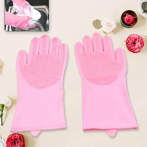 Silicone Dishwashing Gloves with Built-in Scrubber Brush Reusable Cleaning Gloves for Kitchen Utensils Bathroom Sink Car Washing Pet Grooming Heat Resistant Non-Slip Wet and Dry Cleaning Gloves 1 Pair 155g image 2