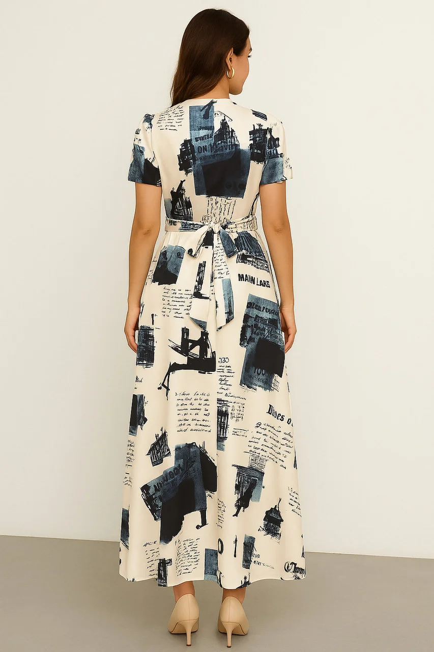 Women's White Newspaper Print Short Sleeve Button-Down Midi Shirt Dress with Self-Tie Belt White L image 3