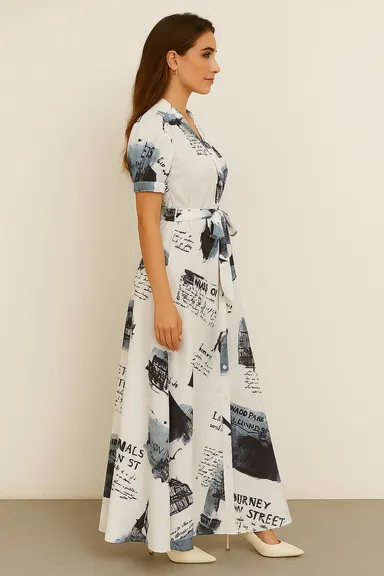 Women's White Newspaper Print Short Sleeve Button-Down Midi Shirt Dress with Self-Tie Belt White XL thumbnail 1