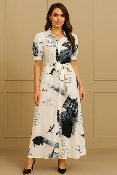 Women's White Newspaper Print Short Sleeve Button-Down Midi Shirt Dress with Self-Tie Belt White XXL thumbnail 0