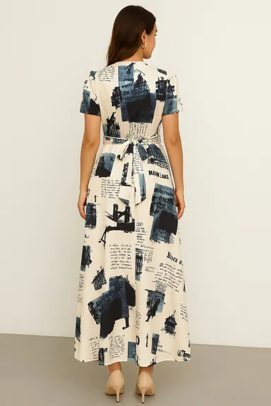 Women's White Newspaper Print Short Sleeve Button-Down Midi Shirt Dress with Self-Tie Belt White XXL thumbnail 2