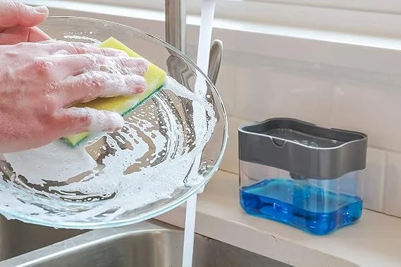 2-in-1 Liquid Soap Dispenser with Sponge Holder, Manual Press Dishwashing Liquid Pump Dispenser for Kitchen Sink, Soap Pump Container, Kitchen Soap Organizer, Dish Wash Liquid Dispenser with Sponge Caddy, Refillable Countertop Cleaning Accessory image 2