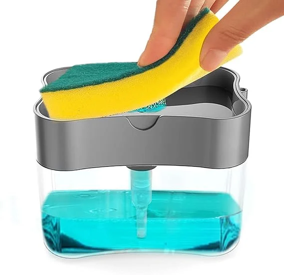 2-in-1 Liquid Soap Dispenser with Sponge Holder, Manual Press Dishwashing Liquid Pump Dispenser for Kitchen Sink, Soap Pump Container, Kitchen Soap Organizer, Dish Wash Liquid Dispenser with Sponge Caddy, Refillable Countertop Cleaning Accessory image 3