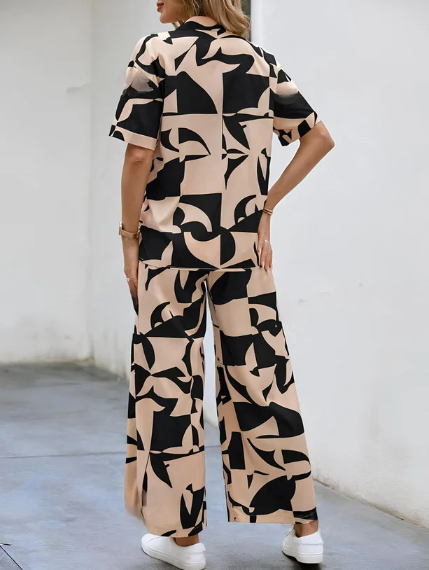 Women Beige and Black Abstract Print Short Sleeve Button-Down Shirt and Wide-Leg Pants Co-Ord Set Beige XL image 2