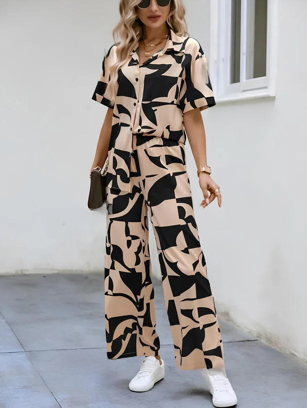 Women Beige and Black Abstract Print Short Sleeve Button-Down Shirt and Wide-Leg Pants Co-Ord Set Beige XL image 4