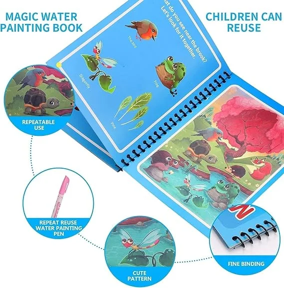 Magic Water Book Reusable Water Coloring Book with Magic Water Pen, Mess Free Doodle Drawing Pad, Educational Painting Activity Book, Reusable Magic Drawing Book for Toddlers, Preschool Kids, Boys & Girls Learning Toy Travel Activity Book image 4