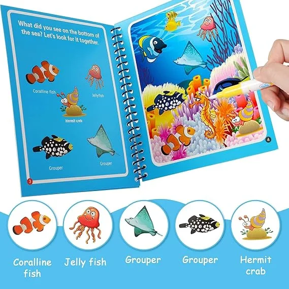 Magic Water Book Reusable Water Coloring Book with Magic Water Pen, Mess Free Doodle Drawing Pad, Educational Painting Activity Book, Reusable Magic Drawing Book for Toddlers, Preschool Kids, Boys & Girls Learning Toy Travel Activity Book image 5